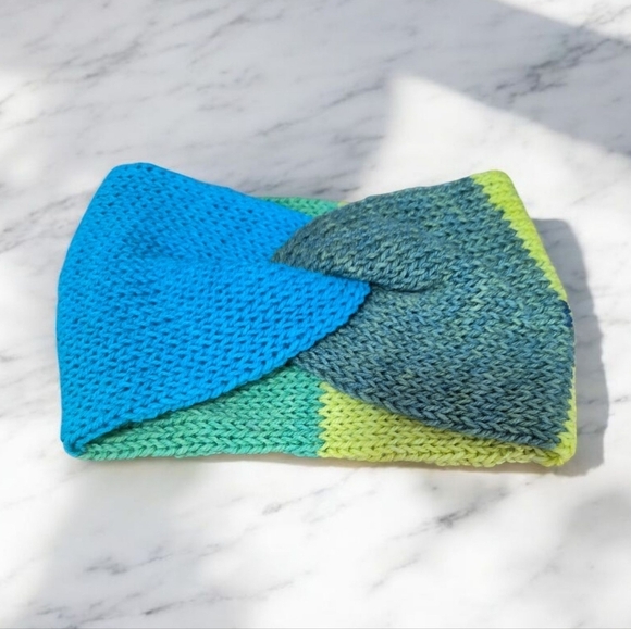 Hand Knit Twisted Headband in Blue Green Yellow - Picture 2 of 4